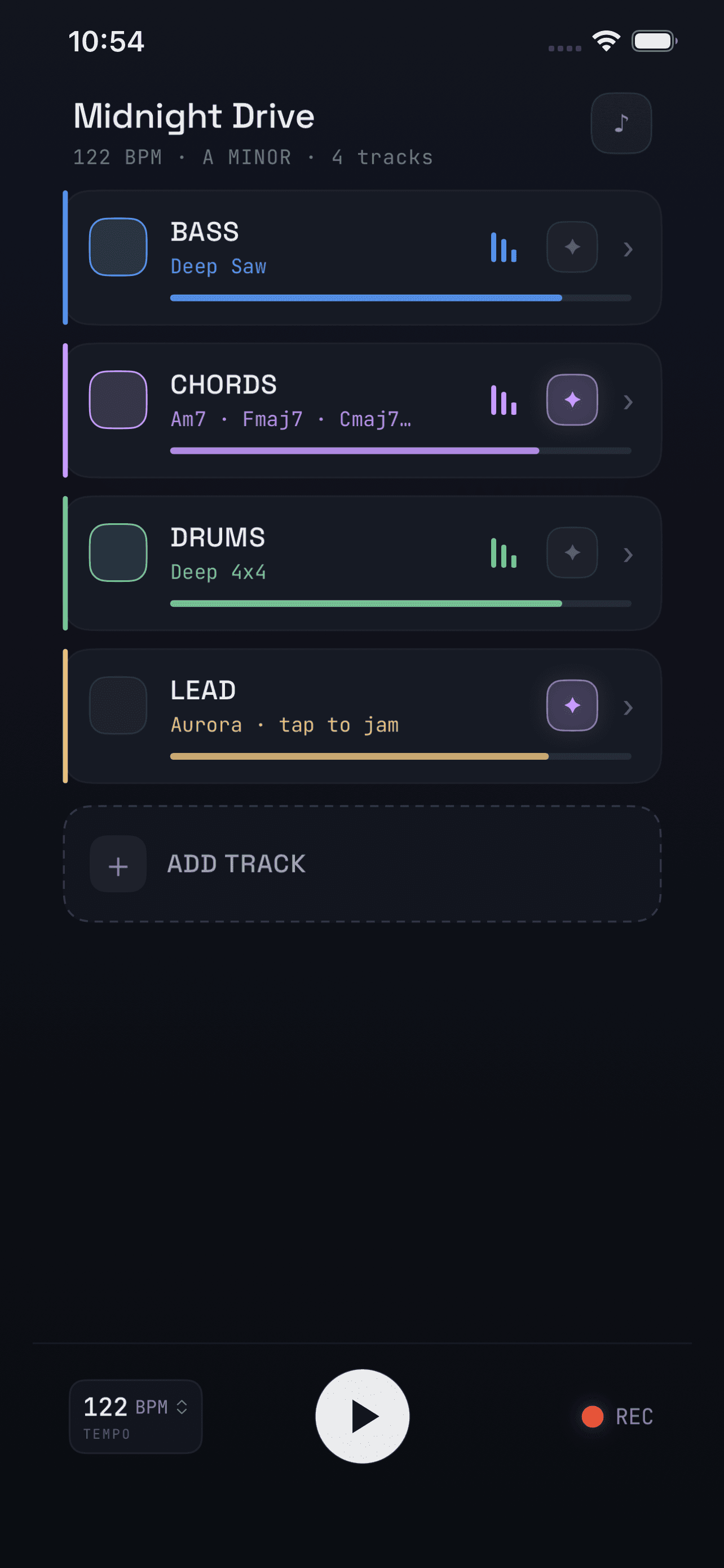 Aether's stack view with Bass, Chords, Drums and Lead layers